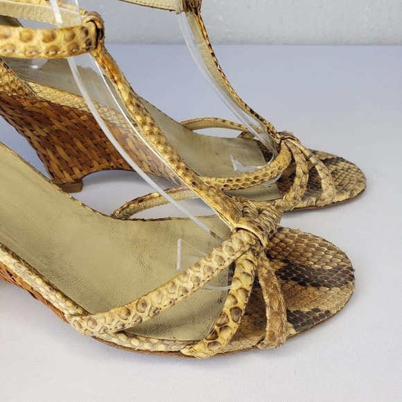 Prada Snake Leather Ankle Strap Woven Raffia Wedge Heel Sandals Size 36.5 Italy - Picture 4 of 16
